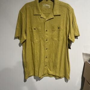 Eddie Bauer Shirt Mustard Yellow Hemplify Camp Short Sleeve Hemp Button Up Sz Lg